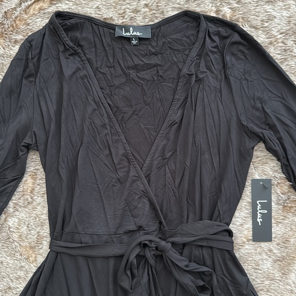 Lulu’s All At Once Black Three-Quarter Sleeve Wrap Mini Dress Large - Picture 2 of 11